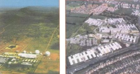 Pine Gap, o Norte da Austrália, à esquerda, considerada uma das mais importantes bases do Echelon. Intercepta comunicações de todos os tipos originadas na Ásia, Pacífico Sul e Oceania. À direita, uma instalação do governo britânico em Cheltenham.